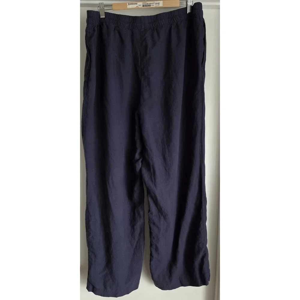 H&M Women XXL Dark Blue Linen Blend Casual Pants Trousers Slacks Wide-Leg